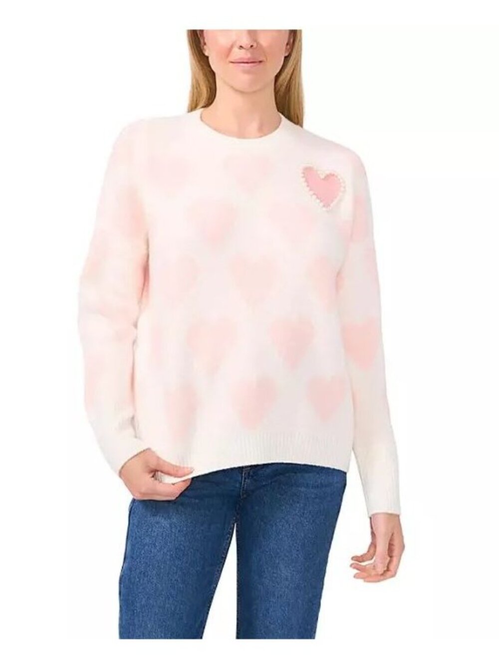Vince Camuto Pearl Heart Sweater Womens Size Large Cream Pink Soft Coquette NEW